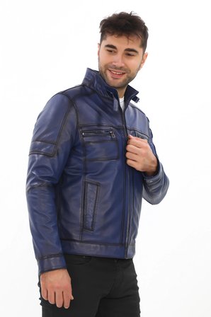 Erkek Cep Detaylı Dik Yaka Hakiki Deri Mont - 1229