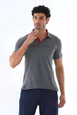 Erkek Antramelanj Süprem Polo Yaka Slim Fit Dar Kesim Kısa Kol T-shirt Alt-üst Takım - 122