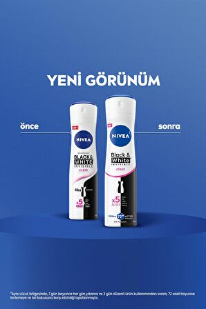 Nivea Kadın Sprey Deodorant Black&White Invisible Clear 150ml, 72 Saat Anti-perspirant Ter Koruması