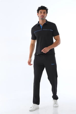 Erkek Siyah-mavi Süprem Polo Yaka, Slim Fit Dar Kesim Kısa Kol Tişört Alt-üst Takım - 122