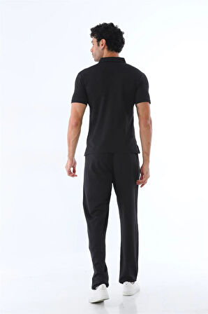 Erkek Siyah-gri Süprem Polo Yaka Slim Fit Dar Kesim Kısa Kol T-shirt Alt-üst Takım - 122