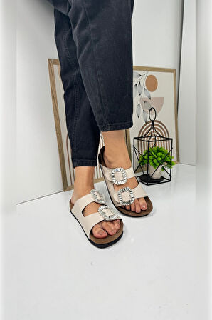 Günlük Kadın Terlik Taşlı Çift Bantlı Mantar Taban Kalın Taban Ayarlanabilir Tokalı Rahat Hafif 123