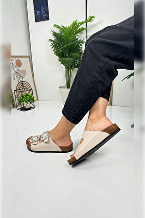 Günlük Kadın Terlik Taşlı Çift Bantlı Mantar Taban Kalın Taban Ayarlanabilir Tokalı Rahat Hafif 123