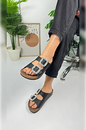 Günlük Kadın Terlik Taşlı Çift Bantlı Mantar Taban Kalın Taban Ayarlanabilir Tokalı Rahat Hafif 123