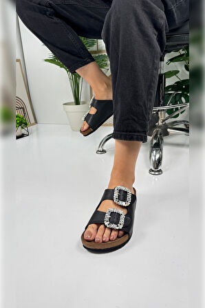 Günlük Kadın Terlik Taşlı Çift Bantlı Mantar Taban Kalın Taban Ayarlanabilir Tokalı Rahat Hafif 123