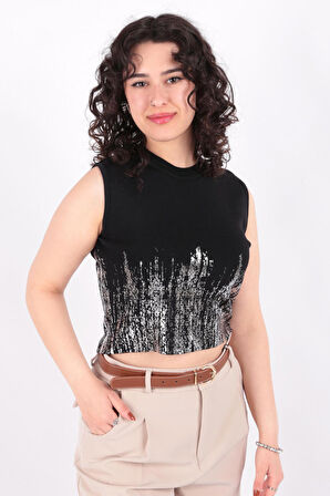 Soul 31721 Kadın Gümüş Varak Detaylı Kolsuz Crop Bluz Ss