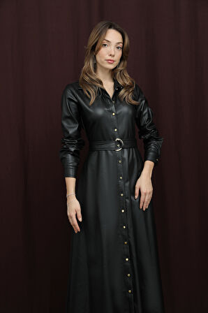 Loreen Kadın Kuşaklı Deri Elbise - 20709ELB