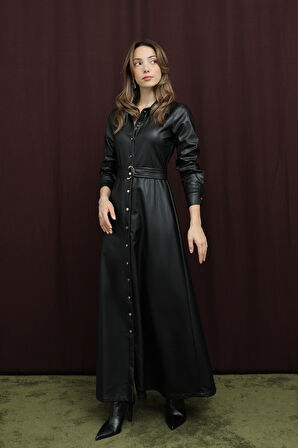 Loreen Kadın Kuşaklı Deri Elbise - 20709ELB