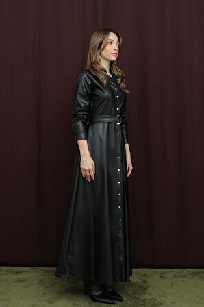 Loreen Kadın Kuşaklı Deri Elbise - 20709ELB