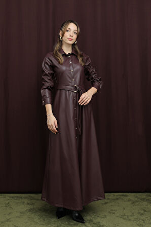 Loreen Kadın Kuşaklı Deri Elbise - 20709ELB