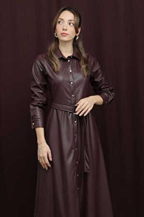 Loreen Kadın Kuşaklı Deri Elbise - 20709ELB