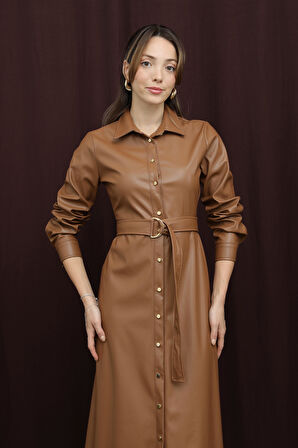 Loreen Kadın Kuşaklı Deri Elbise - 20709ELB