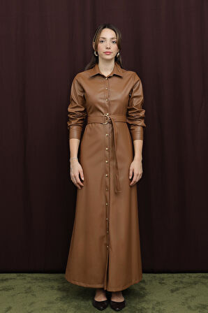 Loreen Kadın Kuşaklı Deri Elbise - 20709ELB