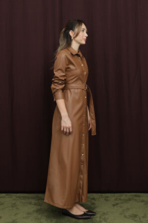 Loreen Kadın Kuşaklı Deri Elbise - 20709ELB