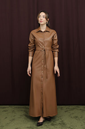 Loreen Kadın Kuşaklı Deri Elbise - 20709ELB