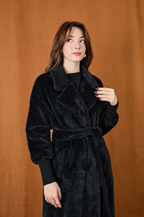 Puane Kadın Çift Yakalı Kuşaklı Angora Kaban 15229