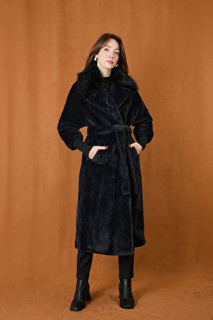 Puane Kadın Çift Yakalı Kuşaklı Angora Kaban 15229