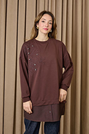 Puane Çiçek Nakışlı ve İşlemeli Garnili Tunik 10739