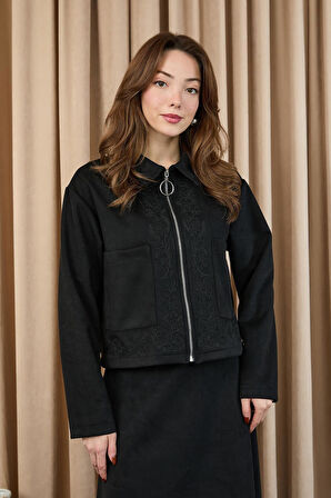 Puane Kadın Nakış Detaylı Fermuarlı Scuba Süet Ceket Takım 14396