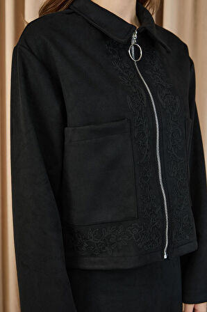 Puane Kadın Nakış Detaylı Fermuarlı Scuba Süet Ceket Takım 14396