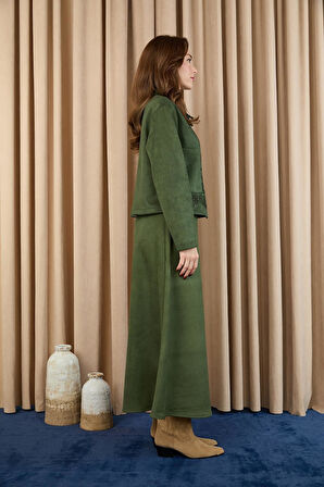 Puane Kadın Nakış Detaylı Fermuarlı Scuba Süet Ceket Takım 14396