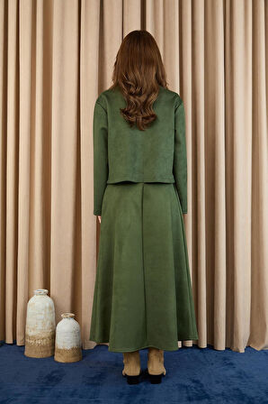 Puane Kadın Nakış Detaylı Fermuarlı Scuba Süet Ceket Takım 14396