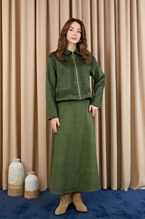 Puane Kadın Nakış Detaylı Fermuarlı Scuba Süet Ceket Takım 14396