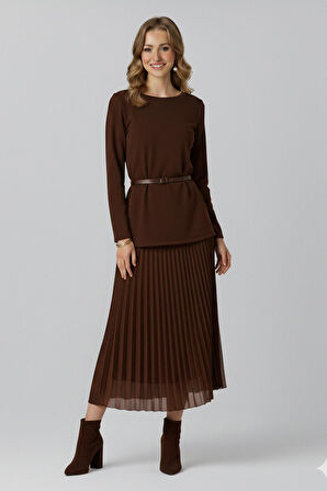 Puane Kadın Beli Kemerli Pilise Detaylı Elbise - 12654ELB