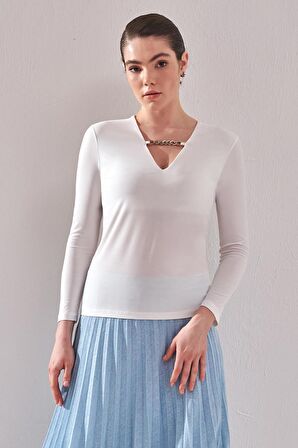 YAKASI ZİNCİRLİ EKRU KADIN BLUZ  14339-2Y3