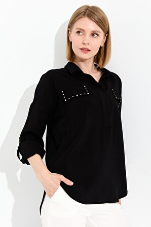 CEPLERİ TAŞLI UZUN KOLLU SİYAH KADIN BLUZ 23485-2Y3