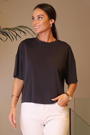 KISA KOLLU SIFIR YAKA ANTRASİT KADIN BLUZ  81820-2Y3