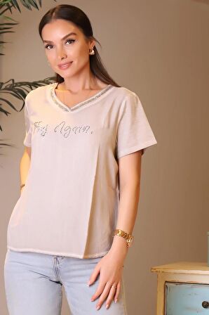 TAŞLI V YAKA VİZON KADIN BLUZ 052-2Y4