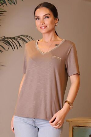 YAKASI DESENLİ KISA KOLLU VİZON KADIN BLUZ 038-2Y4