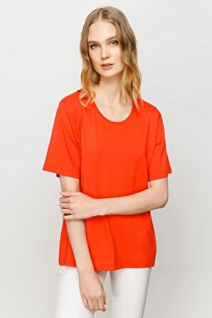 Sıfır Yaka Basic Oranj Kadın T-shirt 23786-2Y4