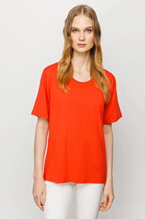 Sıfır Yaka Basic Oranj Kadın T-shirt 23786-2Y4
