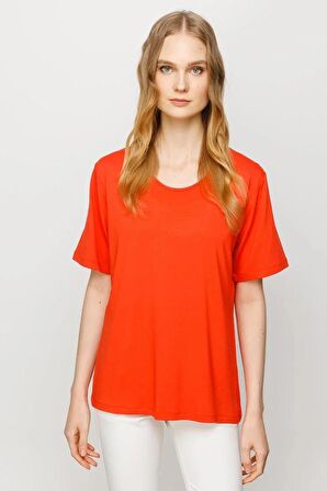 Sıfır Yaka Basic Oranj Kadın T-shirt 23786-2Y4
