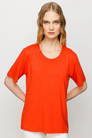 Sıfır Yaka Basic Oranj Kadın T-shirt 23786-2Y4