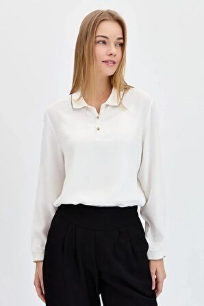 POLO YAKA UZUN KOLLU EKRU KADIN BLUZ  23486-2Y4