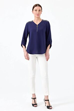 OMUZLARI TAŞLI FERMUARLI LACİ KADIN BLUZ 23464-2Y4