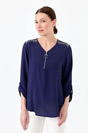 OMUZLARI TAŞLI FERMUARLI LACİ KADIN BLUZ 23464-2Y4