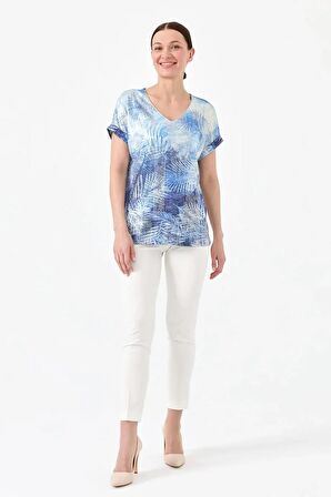 V Yaka Parlak Kumaş Mavi Kadın Bluz 23460-2Y4