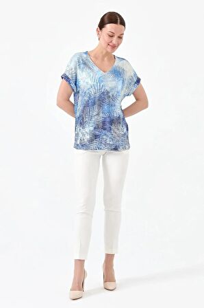 V Yaka Parlak Kumaş Mavi Kadın Bluz 23460-2Y4