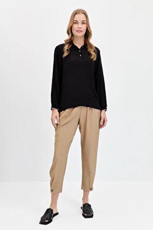 POLO YAKA UZUN KOLLU SİYAH KADIN BLUZ 23486-2Y4