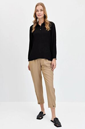 POLO YAKA UZUN KOLLU SİYAH KADIN BLUZ 23486-2Y4