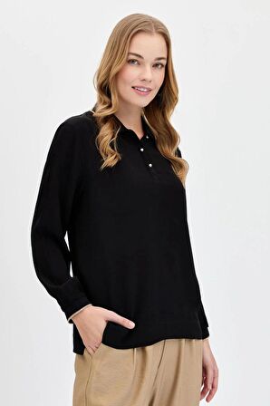POLO YAKA UZUN KOLLU SİYAH KADIN BLUZ 23486-2Y4