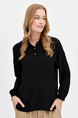 POLO YAKA UZUN KOLLU SİYAH KADIN BLUZ 23486-2Y4
