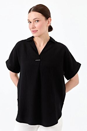 TOKALI KISA KOLLU SİYAH KADIN BLUZ 23459-2Y4