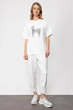 Önü Taşlı Kısa Kollu Ekru Kadın T-shirt 36300-2Y4