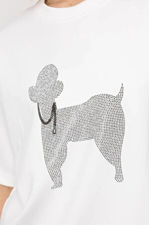 Önü Taşlı Kısa Kollu Ekru Kadın T-shirt 36300-2Y4