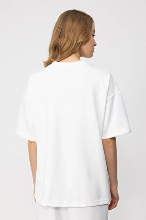 Önü Taşlı Kısa Kollu Ekru Kadın T-shirt 36300-2Y4